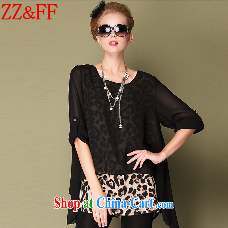 ZZ _FF summer 2015 with new, larger female false Two beauty Leopard snow woven shirts female XFS 1915 black XXXL