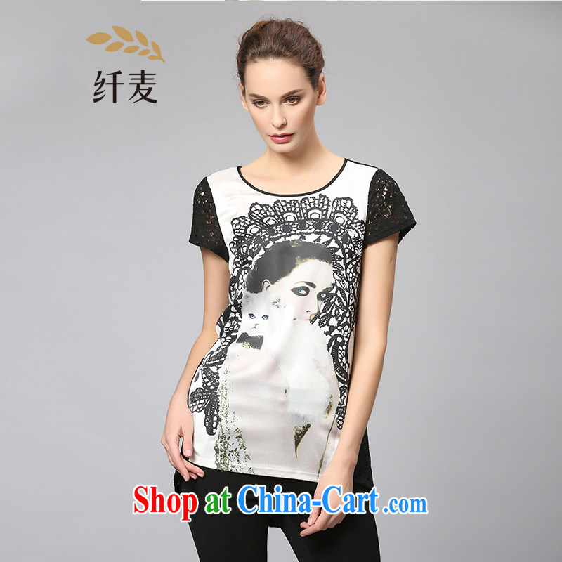 Slim, Mr Big, stylish mom with 2015 summer new thick mm lace stitching stamp T-shirt 352362205 black-and-white 5XL