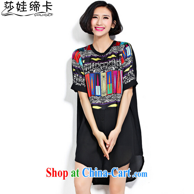 She concluded her card thick sister summer graphics thin, increase the fat Korean girl shirt large female summer wear thick, snow, solid woven shirts chubby women T shirt short-sleeved black are code