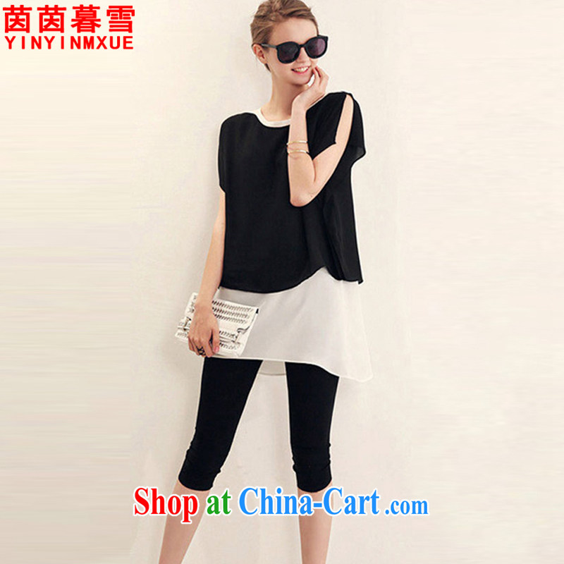 Yan Yan, snow 2015 summer new, larger women are seen wearing short-sleeved shirts T plus 7 pants leisure two-piece women TZ 8079 black 4XL